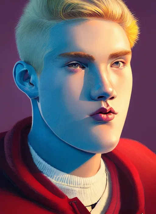 Image similar to portrait of high school senior boy named big moose, blonde short hair, jock, beefy, wide face, square jaw, square facial structure, blue varsity jacket with letter r, intricate, elegant, glowing lights, highly detailed, digital painting, artstation, concept art, sharp focus, illustration, art by wlop, mars ravelo and greg rutkowski