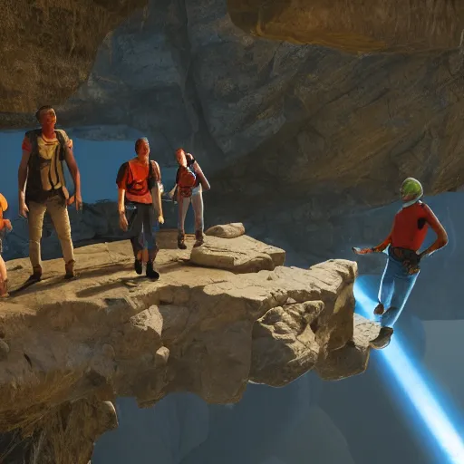 Image similar to four men building an adventure party. they jumpdown a cliff as a team. v - ray render. 8 k. expressive. dynamic lighting. lensflare. realistic.