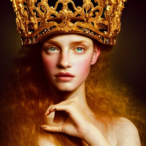 Image similar to photographic portrait of a stunningly beautiful princess renaissance female, with a golden ornate crown, in soft dreamy light at sunset, contemporary fashion shoot, by edward robert hughes, annie leibovitz and steve mccurry, david lazar, jimmy nelsson, extremely detailed, breathtaking, hyperrealistic, perfect face, octane render