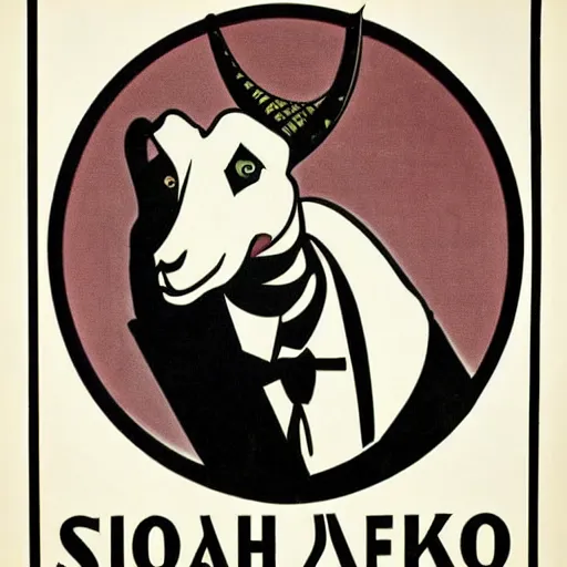 Image similar to a 1 9 3 0's propaganda poster, limited color palette, of a goat skull wearing a tuxedo, smoking a cigar
