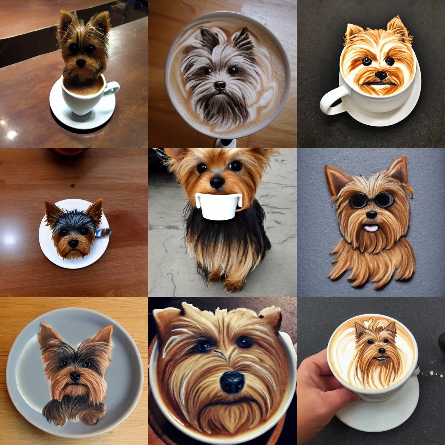 Prompt: a beautiful latte art of a very cute yorkshire terrier