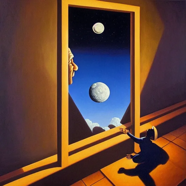 Image similar to an oil on canvas portrait of a man waking up and the moon is shining in through the window, surrealism, surrealist, lovecraftian, cosmic horror, rob gonsalves, high detail