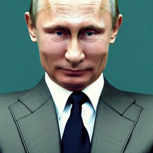 Image similar to portrait of Vladimir Putin looking very sly, bold 80's style, colourful, Memphis Group