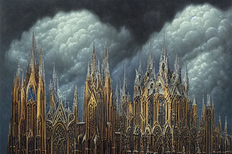 Prompt: gothic cathedral in a storm cloud : : by jacek yerka