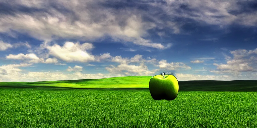 Image similar to very giant apple sitting in windows xp background, hdr, hdr