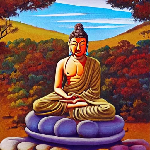 Image similar to contented peaceful south african!!! male!!! buddha, praying meditating, in a scenic environment, detailed, expressionist painting by ernie barnes and gerard sekoto