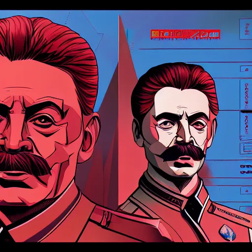 Image similar to cyberpunk joseph stalin as the leader of a futuristic communist society, cybernetics, sharp lines, digital, artstation, colored in