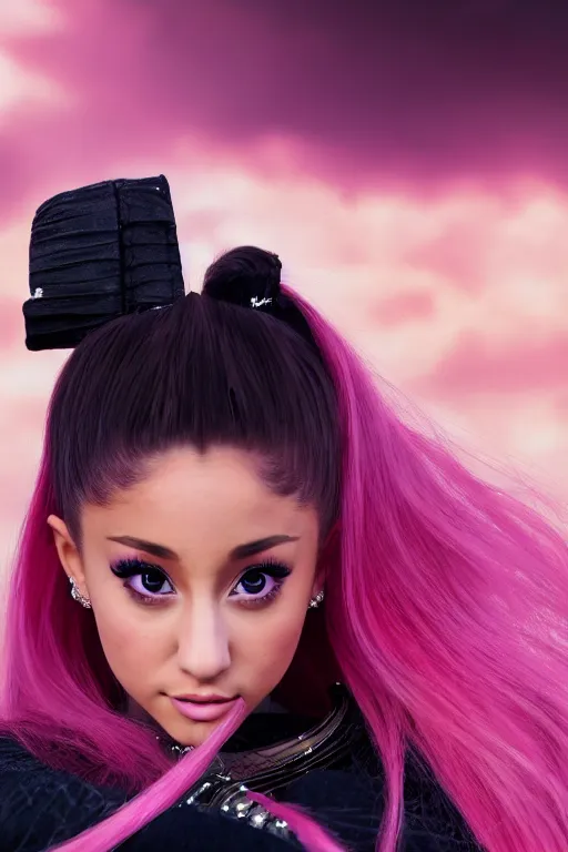 Image similar to highly detailed beautiful photo of a ariana grande as a young female samurai, practising sword stances, symmetrical face, beautiful eyes, pink hair, realistic anime art style, 8 k, award winning photo, pastels colours, action photography, 1 / 1 2 5 shutter speed, sunrise lighting