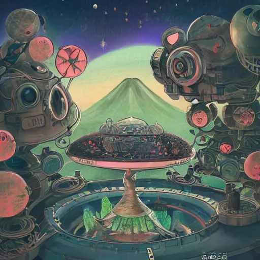 Image similar to On the morning of the robot queen's coronation, The Mekanik Doll, chubby moss kitten, Mount Fuji seen from the International Space Station, the theme of Alice in Wonderland, digital painting, concept art, illustration, deep dark, artstation, intricate, beautiful and thematically complex, ue5, by Dylan Kowalski and deiv calviz