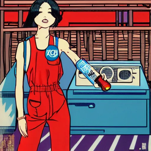 Image similar to y 2 k aesthetic japanese pop - culture magazine illustration, girl in tank - top and denim jump suit holding a can of soda near her smiling face