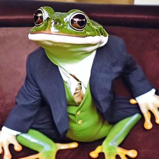 Prompt: A photo of a sophisticated frog in a nice suit, he tips his hat