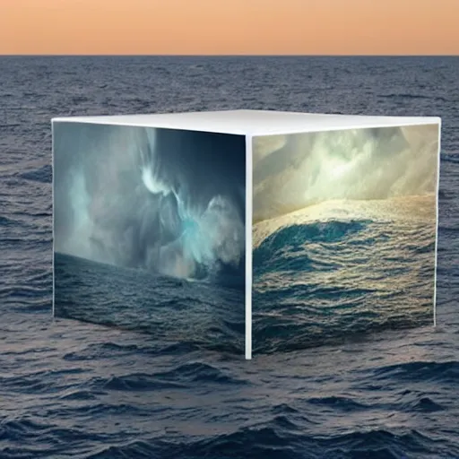 Image similar to a cube in the middle of the sea with images of a sea squall on its sides. in the style of Richard Serra