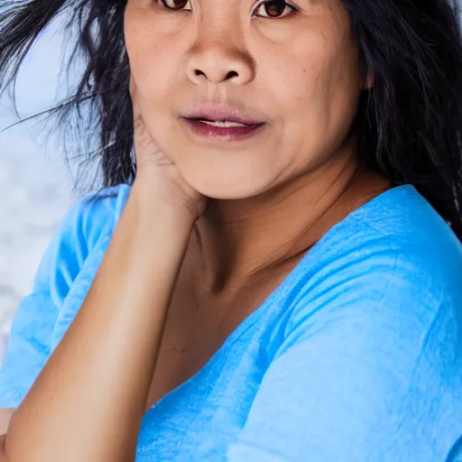 Prompt: a hawaiian filipino portuguese woman with brunette hair and blue luminously incandescent eyes, photorealistic imagery, self - portrait, 4 k, 8 k