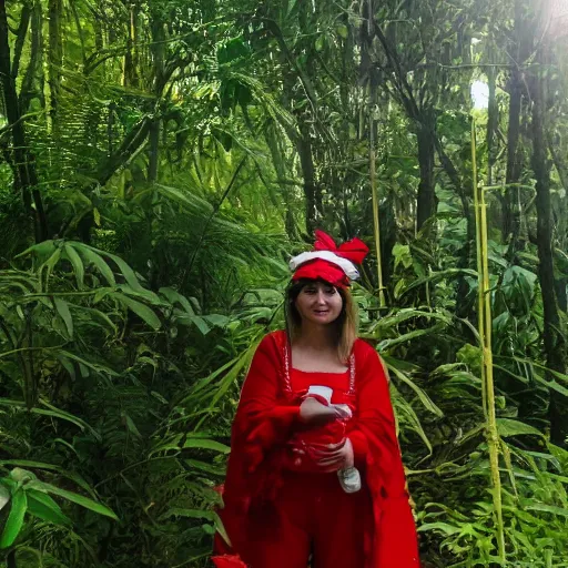 Prompt: a roset conrad of reimu in the jungle wearing bonnet