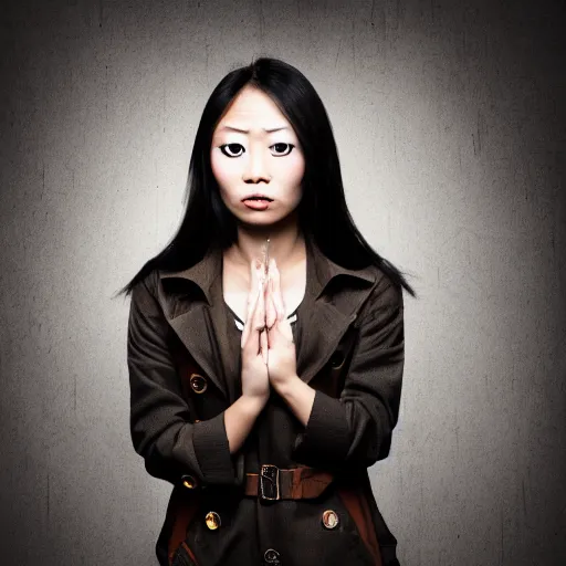 Image similar to photograph of an asian woman thirty years old with burn scars all over her neck and nose wearing a trench coat, steampunk background, portrait, 4 k, hd, art station trending, sharp and highly detailed