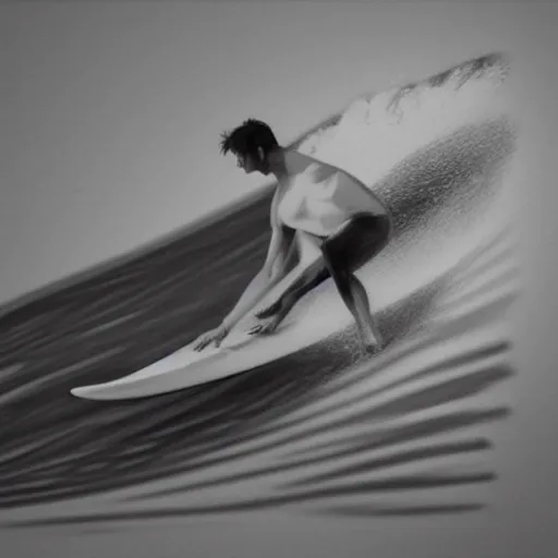 Image similar to black and white drawing, 3d, photorealistic imagery, surfer, lineart,