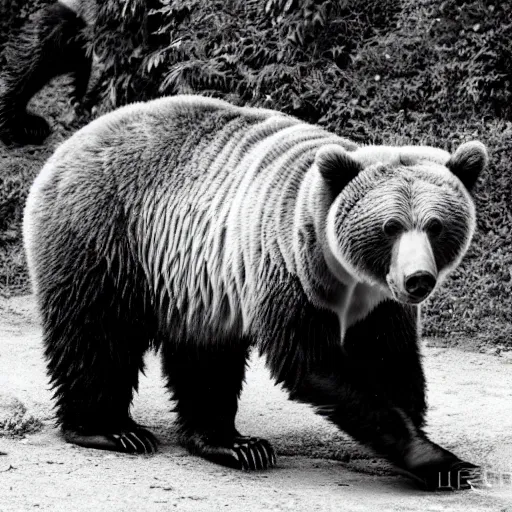 Prompt: Photograph of a grizzly bear tiger hybrid, zoo, black and white