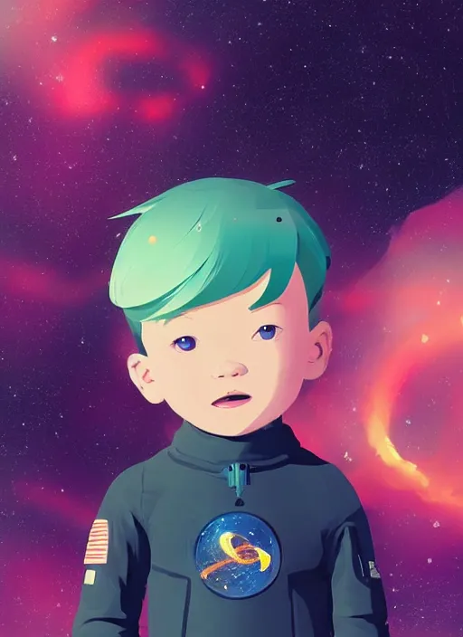 Image similar to little boy with short blonde hair. he is floating in space. he is wearing a space suit. background is a nebula. clean cel shaded vector art. shutterstock. behance hd by lois van baarle, artgerm, helen huang, by makoto shinkai and ilya kuvshinov, rossdraws, illustration, art by ilya kuvshinov