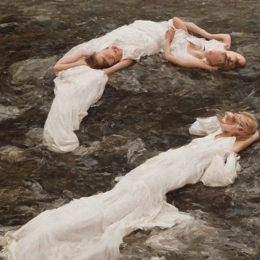 Prompt: a painting of a girl in a white dress, laying in a river, an oil painting by jeremy lipking, behance contest winner, figurative art, detailed painting, oil on canvas, pre - raphaelite