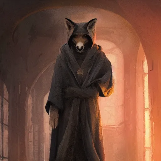 Image similar to A portrait of an anthropomorphic fox in a black hooded robe by Greg Rutkowski