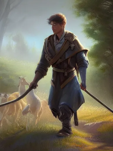 Image similar to a youthful handsome man holding a staff, walking in a rural area. intricate, elegant, highly detailed, digital painting, artstation, concept art, sharp focus, illustration, by justin gerard and artgerm, 8 k