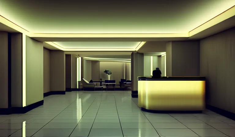 Image similar to a beautiful, sharp focus, clean lines. the interior of an art deco hotel. hotel lobby and receptionist. vaporwave ombre rendering. outrun style. trending on artstation. recommended for you behance. by chris moore. by edward hopper. ambient occlusion. digital matte painting. metropolis filmic. gotham city.