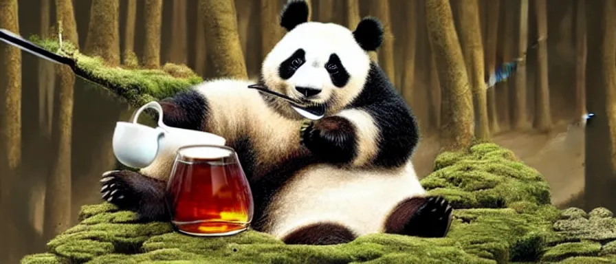 Prompt: a panda drinking tea in a fantasy forest