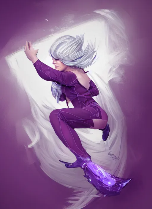 Image similar to a highly detailed illustration of silver haired woman wearing purple star onesie floating on pillow, dramatic floating pose, sleepy expression, intricate, elegant, highly detailed, centered, digital painting, artstation, concept art, smooth, sharp focus, league of legends concept art, wlop