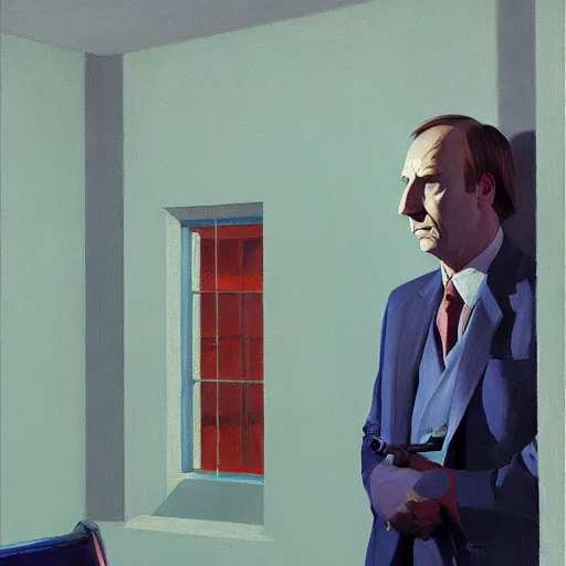 Prompt: Portrait of a Saul goodman wearing a business, very coherent, painted by Edward Hopper, Wayne Barlowe, painted by James Gilleard, airbrush, art by JamesJean