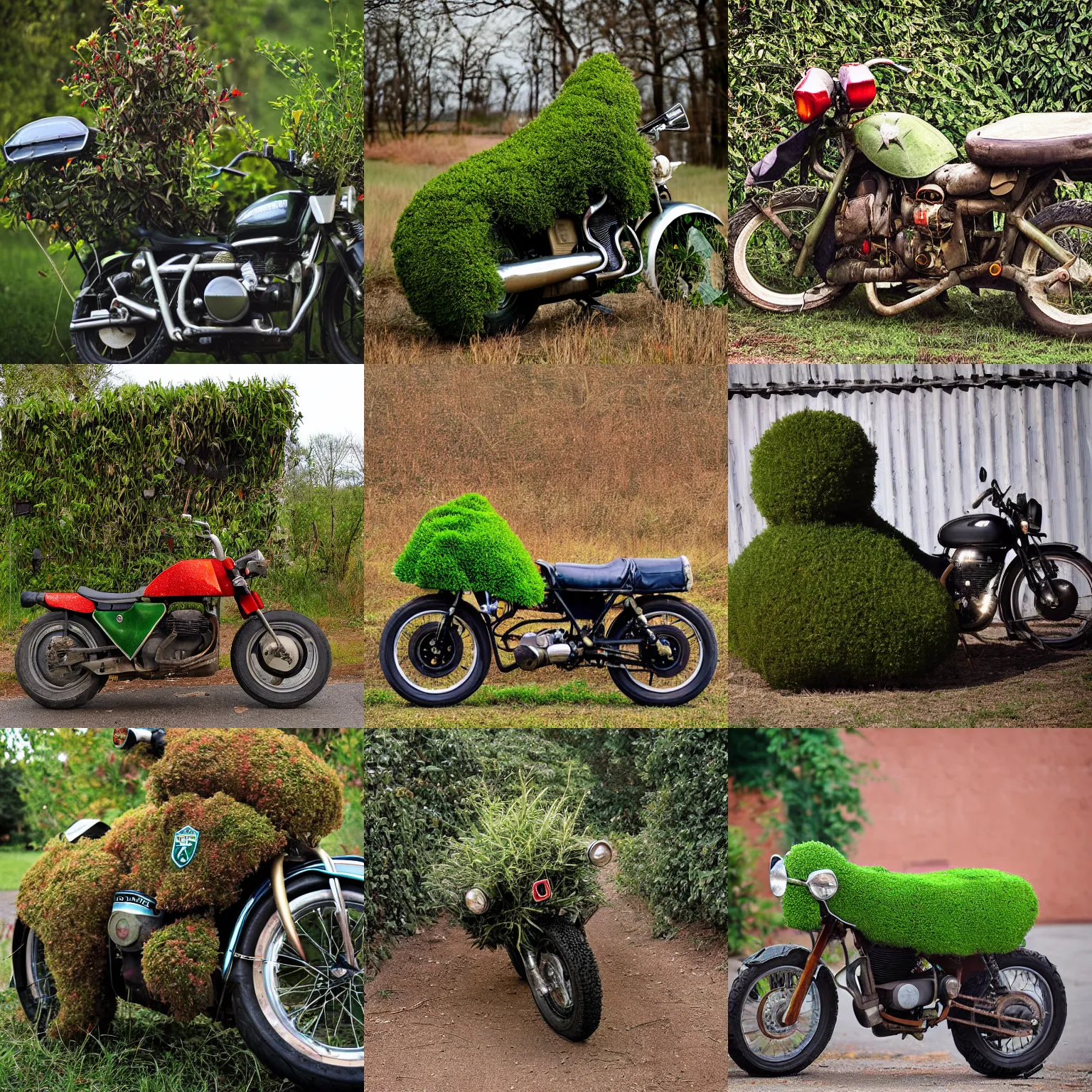Prompt: a bush in the shape of a motorbike, photograph