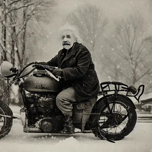 Prompt: a portrait of einstein on a motorcycle in the snow