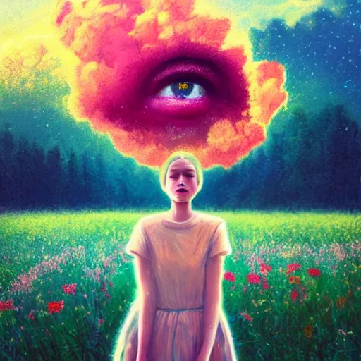 Image similar to girl with one blooming flower as a face, surreal photography, dream, standing in flower field, hills, big trees, sunrise dramatic light, impressionist painting, colorful clouds, digital painting, pointillism, artstation, simon stalenhag, flower face