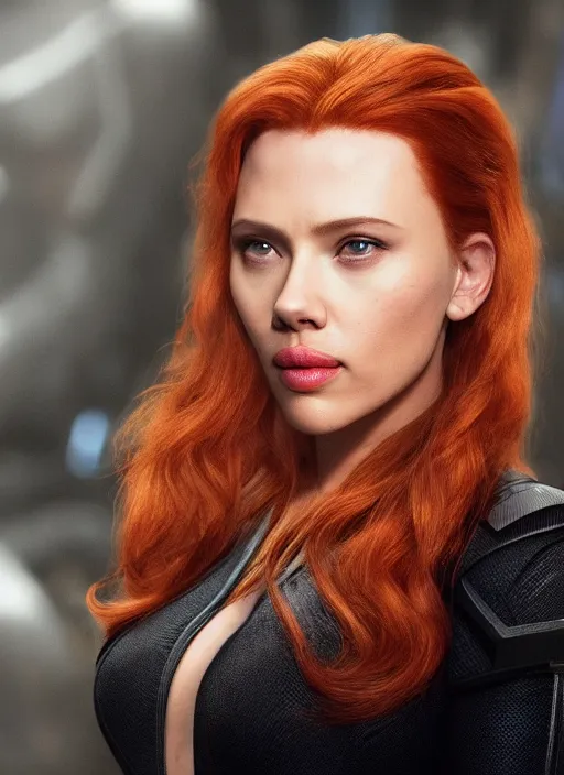 Prompt: scarlett johanson portraying a beautiful mara jade from star wars legends, in a black suit, without lightsaber, movie, hyper realistic, hollywood promotional image, imax, 8 k