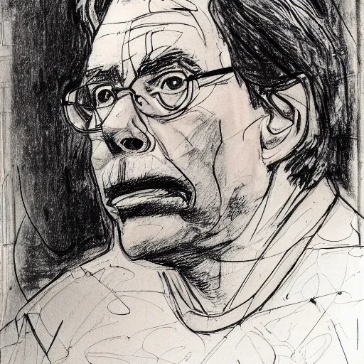 Image similar to a realistic yet scraggly portrait sketch of the side profile of a stern and sophisticated stephen king, trending on artstation, intricate details, in the style of frank auerbach, in the style of sergio aragones, in the style of martin ansin, in the style of david aja, in the style of mattias adolfsson