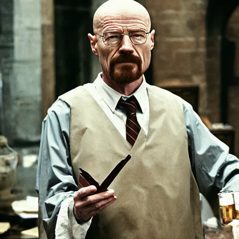 Image similar to Walter White as a professor in Harry Potter, film still