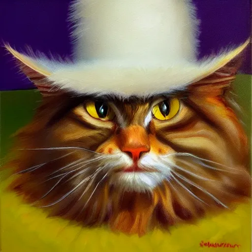 Image similar to Portrait Oil Painting, Ginger Maine-Coon with a white fluff wearing a sombrero sombrero