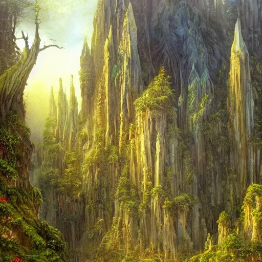 Image similar to a beautiful and highly detailed oil painting of an elven temple deep in the misty mountains, secret valley, tall spires, beautiful trees, runes carved into the stone, intricate details, epic scale, insanely complex, 8 k, sharp focus, hyper realism, fantasy landscape, psychedelic, by caspar friedrich, brian froud, albert bierstadt,