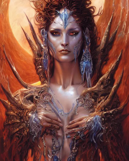 Image similar to a highly detailed airbrush painting of an evil female fantasy sorceress with piercing beautiful eyes art by karol bak and donato giancola and mark brooks, centered, full size, hires, 4 k, high resolution, sharp focus