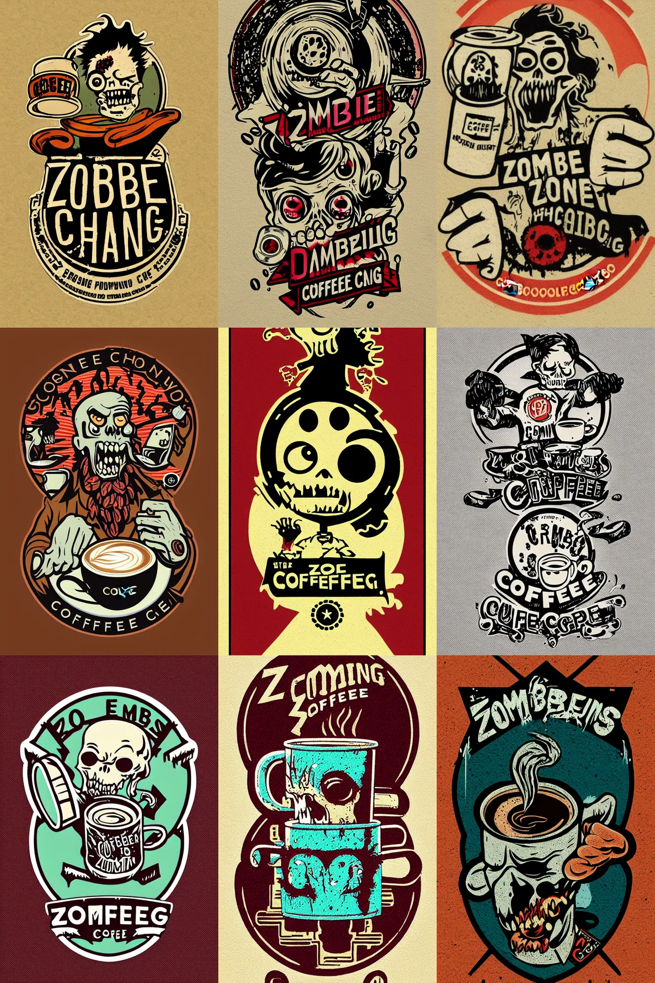 Prompt: logo design, zombie chasing coffee, patch logo, by mcbess, full colour print, gradients, 1 9 5 0 s, high detail