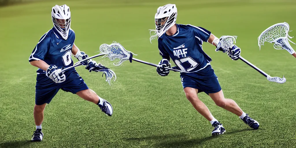 Prompt: lacrosse player, soccer field, cascade helmet, realistic photo, running, very detailed, 8 k, high resolution, no grain, symmetry, normal proportions, sports illustrated style, cascade xrs custom lacrosse helmet, brine lacrosse stick, brine lacrosse king v gloves, nike alpha huarache 7 elite, stx surgeon 7 0 0 lacrosse arm guards, arriflex 3 5 ii