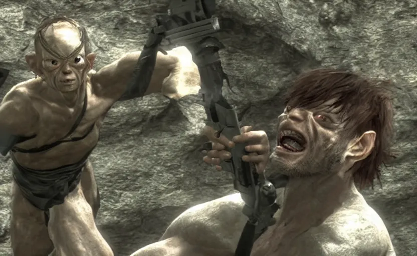 Image similar to a screenshot of gollum as solid snake in metal gear solid 3,