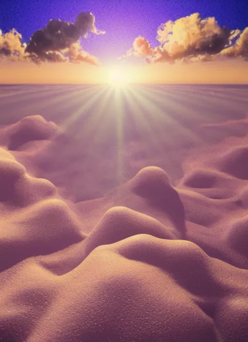 Image similar to rising sun white subtle dawn purple gold god rays clouds sand gold salt crystals sharp detail 3d render simple background graphic ultra simplified fai khadra gaika style