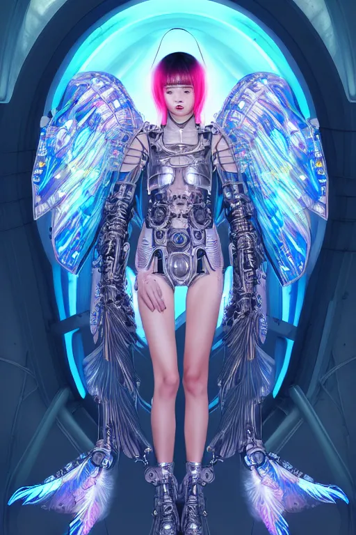 Image similar to portrait futuristic angel Girl with halos and wings and feathers and armor, in future cyberpunk tokyo rooftop , ssci-fi, fantasy, intricate, very very beautiful, elegant, human anatomy, human structure, neon light, highly detailed, digital painting, artstation, concept art, smooth, sharp focus, illustration, art by tian zi and WLOP and alphonse mucha