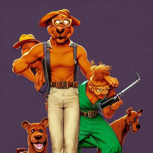 Image similar to Scooby Doo holding a gun, by norman rockwell, trending on artstation, highly detailed, 8k, beautiful, dynamic lighting, realistic fur