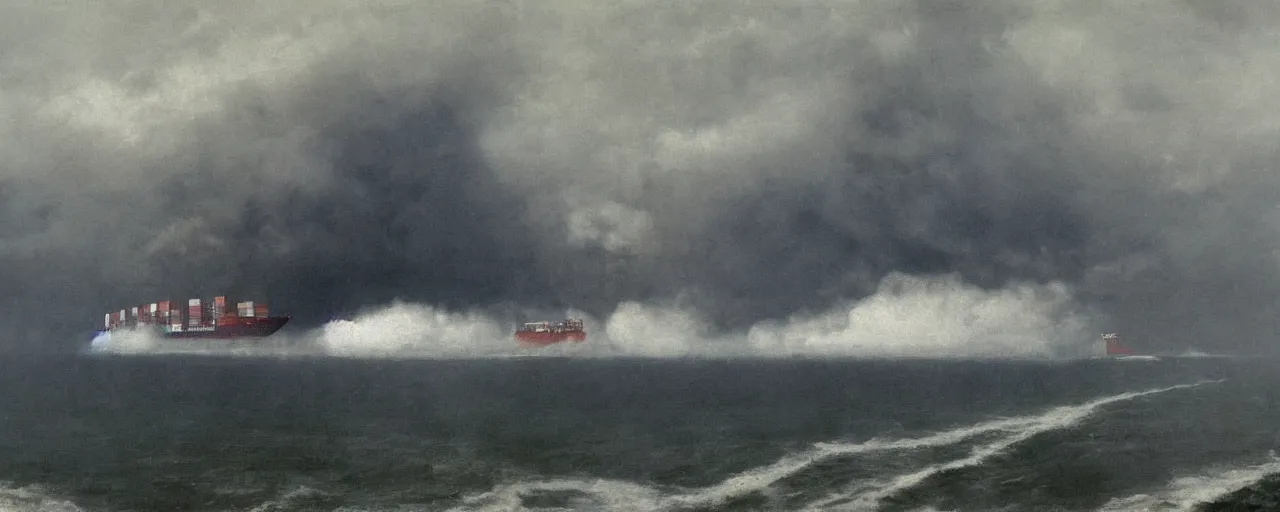 Image similar to container ship containership colossus near misty black cliffs over steamy water by Fernand Khnopff, matte painting