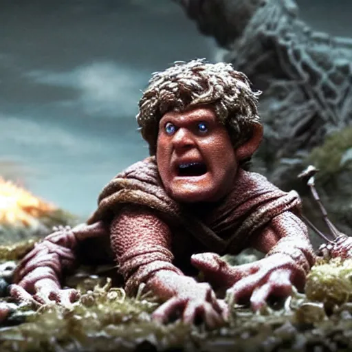 Image similar to claymation of samwise gamgee fighting shelob the spider in LOTR return of the king (2003), gritty, tilt shift, award winning, highly textured, very detailed!, eerie