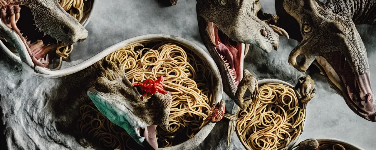 Prompt: two dinosaurs fighting to the death, inside a bowl of spaghetti, canon 5 0 mm, cinematic lighting, photography, retro, film, kodachrome