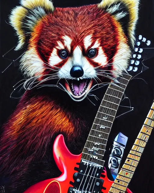 Prompt: a portrait of an anthropomorphic cyberpunk red panda shredding an electric guitar by sandra chevrier, by jon foster, detailed render, electric guitar, epic composition, cybernetics, 4 k realistic, cryengine, realistic shaded lighting, sharp focus, masterpiece, by enki bilal