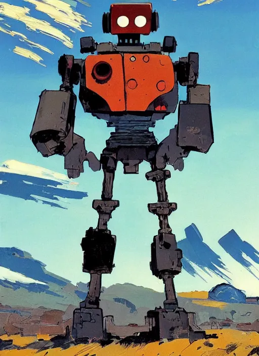 Image similar to The Iron Giant (1999) weapon on a ready looking determined overlooking a Afghanistan mountains background, full face portrait composition by Ashley Wood, Yoji Shinkawa, Jamie Hewlett, 60's French movie poster, French Impressionism, vivid colors, palette knife and brush strokes,