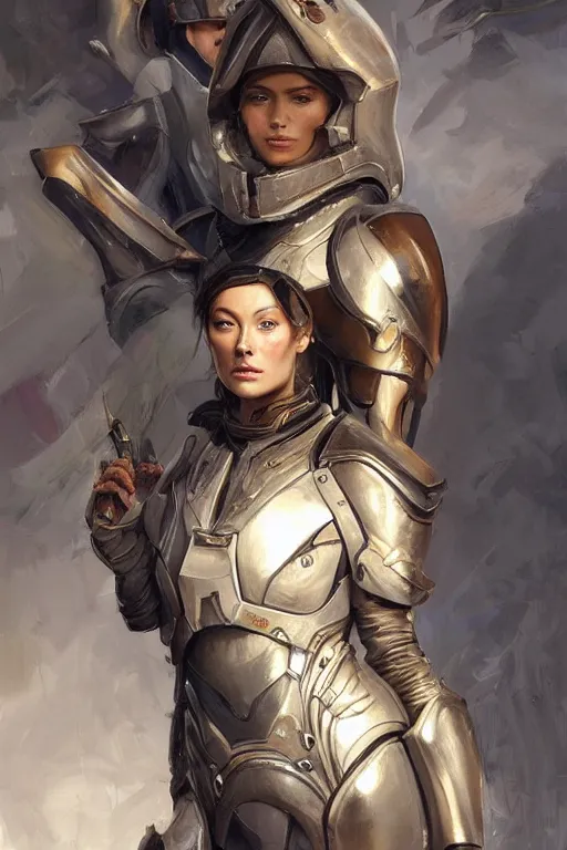 Image similar to a professional painting of a young Olivia Wilde, clothes in military armor, olive skin, long dark hair, beautiful bone structure, symmetrical facial features, intricate, elegant, digital painting, concept art, smooth, sharp focus, illustration, from StarCraft by Ruan Jia and Mandy Jurgens and Artgerm and William-Adolphe Bouguerea